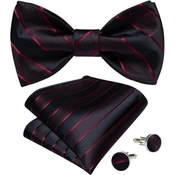 Men Bow Tie Paisley Striped Black and Red - Picture 1 of 6